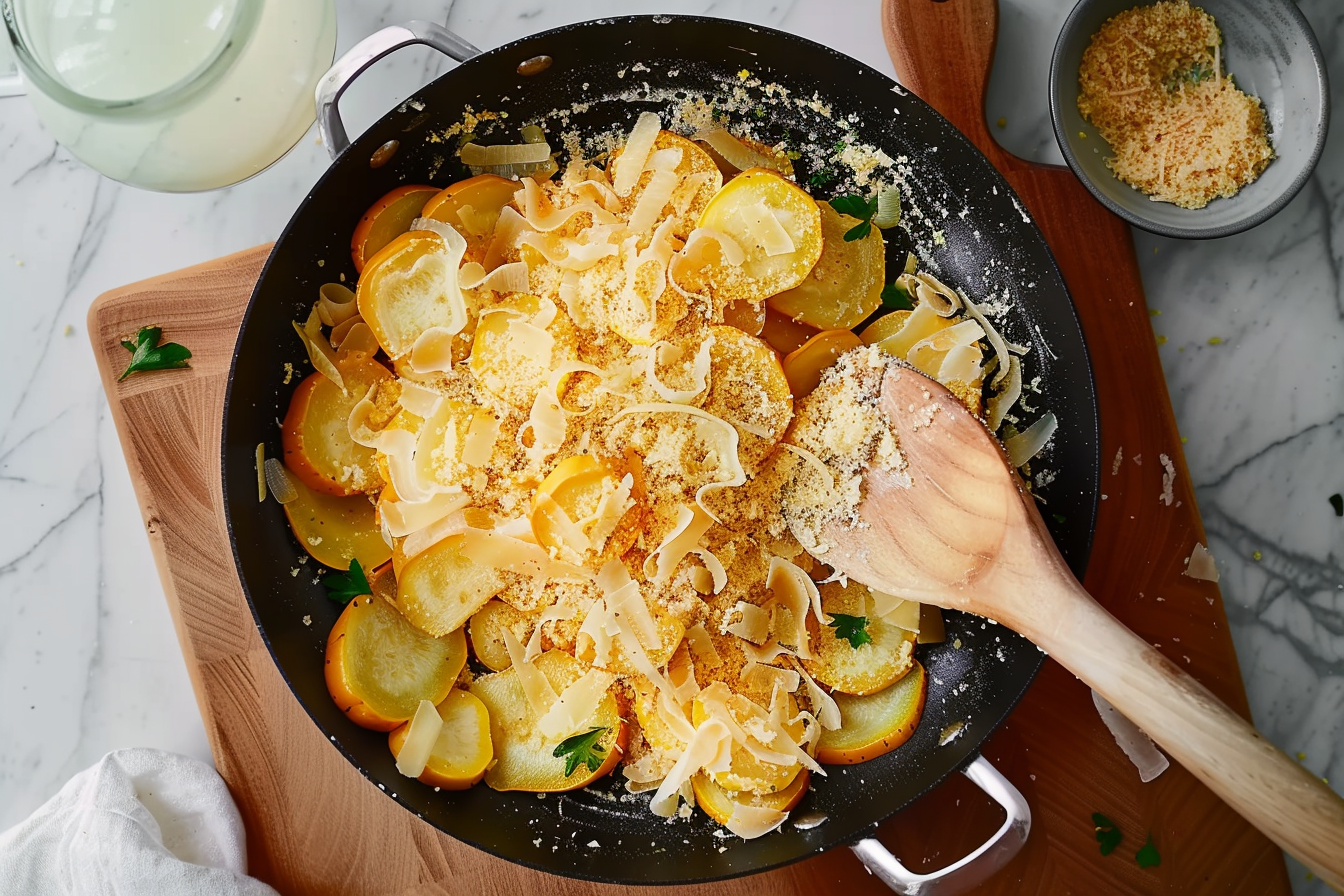 A baked squash casserole topped with melted cheese and crispy breadcrumbs, served in a ceramic dish.