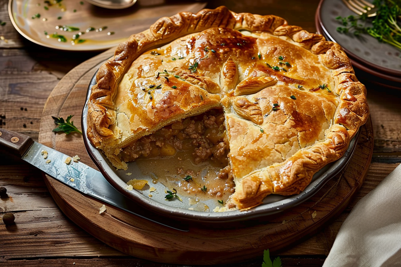 A golden brown homemade meat pie with a flaky crust, filled with savory ground beef and pork, served on a wooden cutting board.