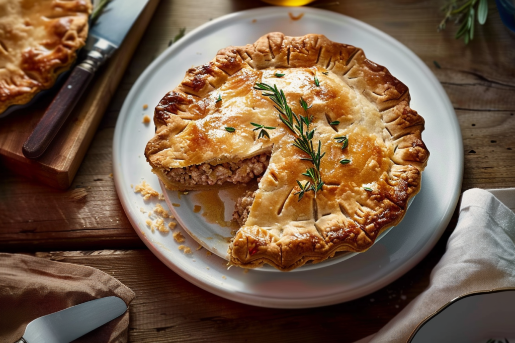 A golden brown homemade meat pie with a flaky crust, filled with savory ground beef and pork, served on a wooden cutting board.