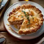 A golden brown homemade meat pie with a flaky crust, filled with savory ground beef and pork, served on a wooden cutting board.