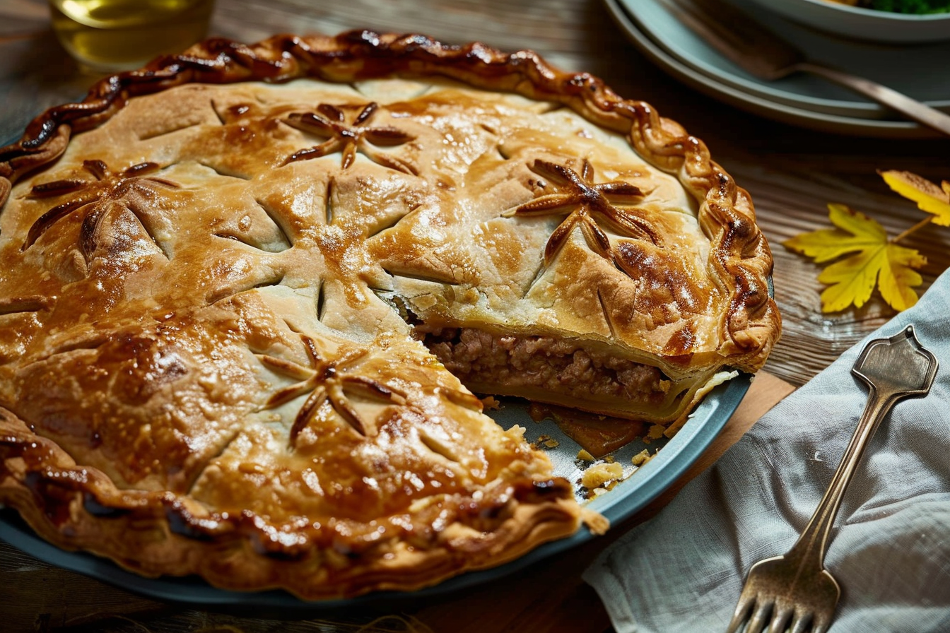 A golden brown homemade meat pie recipe with a flaky crust, filled with savory ground beef and pork, served on a wooden cutting board.