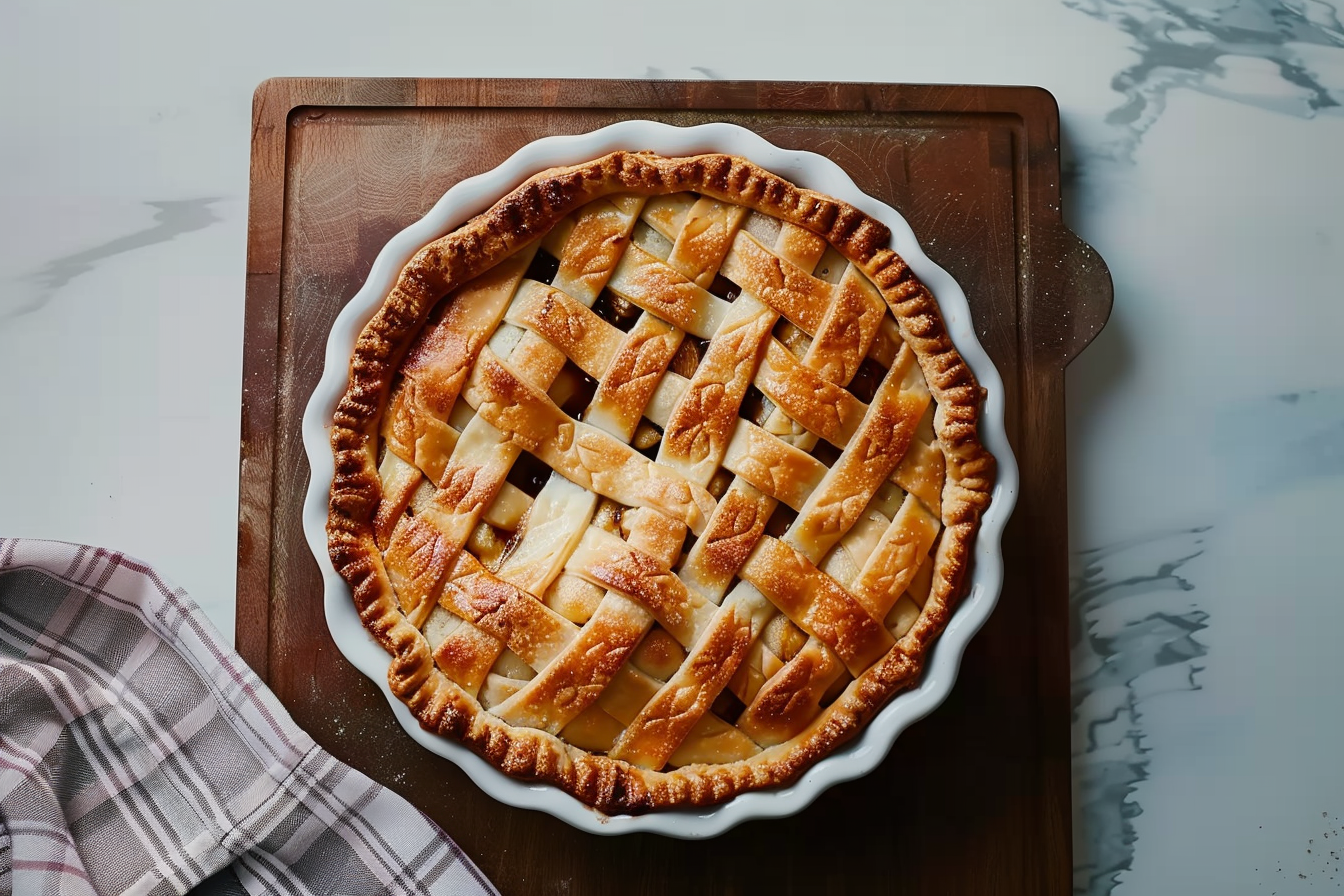 A golden brown homemade meat pie with a flaky crust, filled with savory ground beef and pork, served on a wooden cutting board.