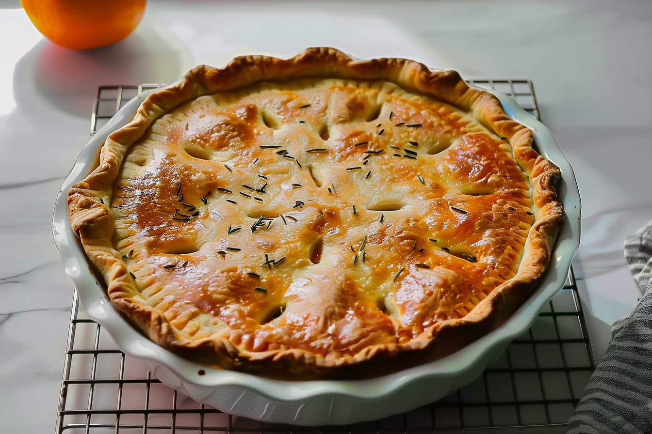 A golden brown homemade meat pie with a flaky crust, filled with savory ground beef and pork, served on a wooden cutting board.