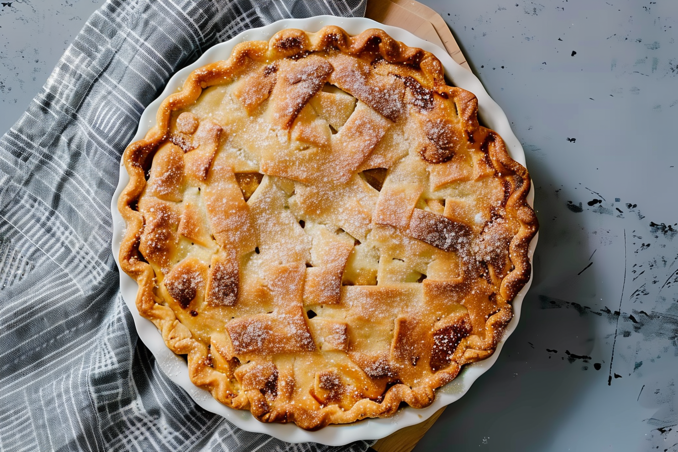 A golden brown homemade meat pie with a flaky crust, filled with savory ground beef and pork, served on a wooden cutting board.