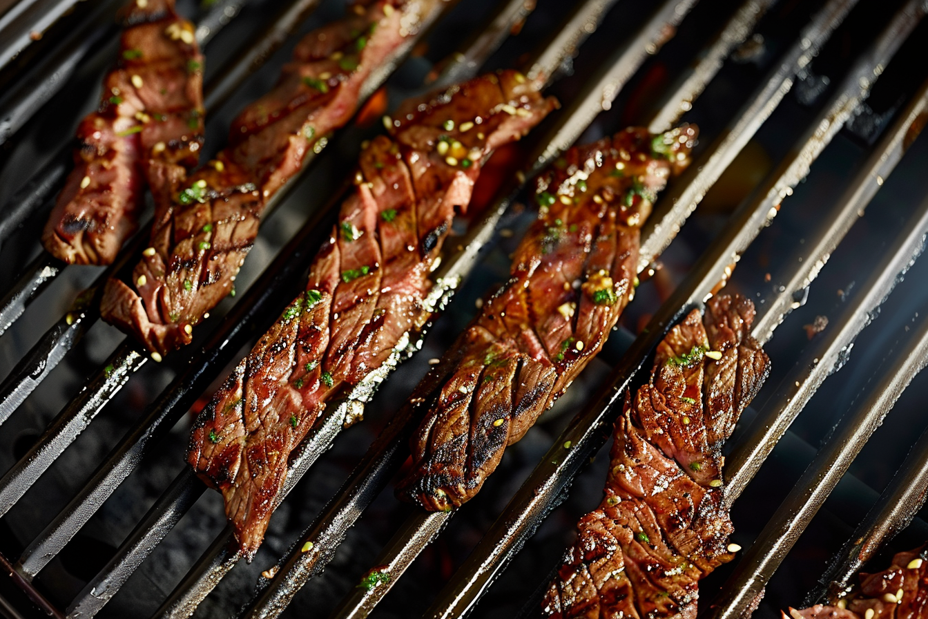 Close-up image of sizzling Beef Bulgogi with sesame seeds and green onions in a skillet.