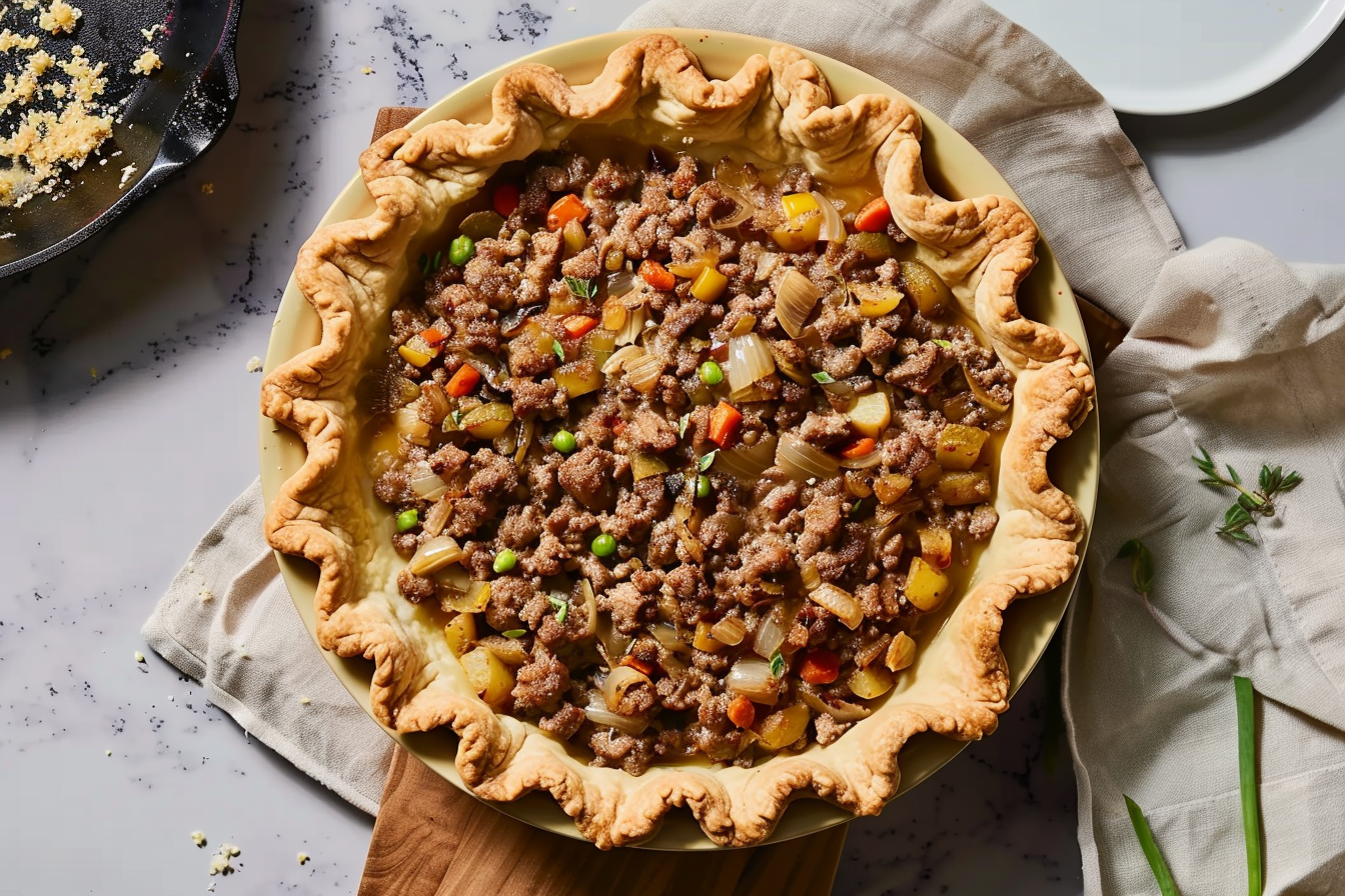 A golden brown homemade meat pie with a flaky crust, filled with savory ground beef and pork, served on a wooden cutting board.