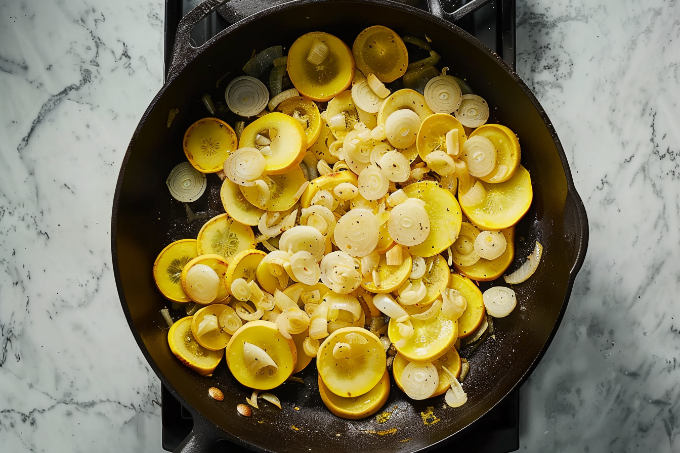 A baked squash casserole topped with melted cheese and crispy breadcrumbs, served in a ceramic dish.
