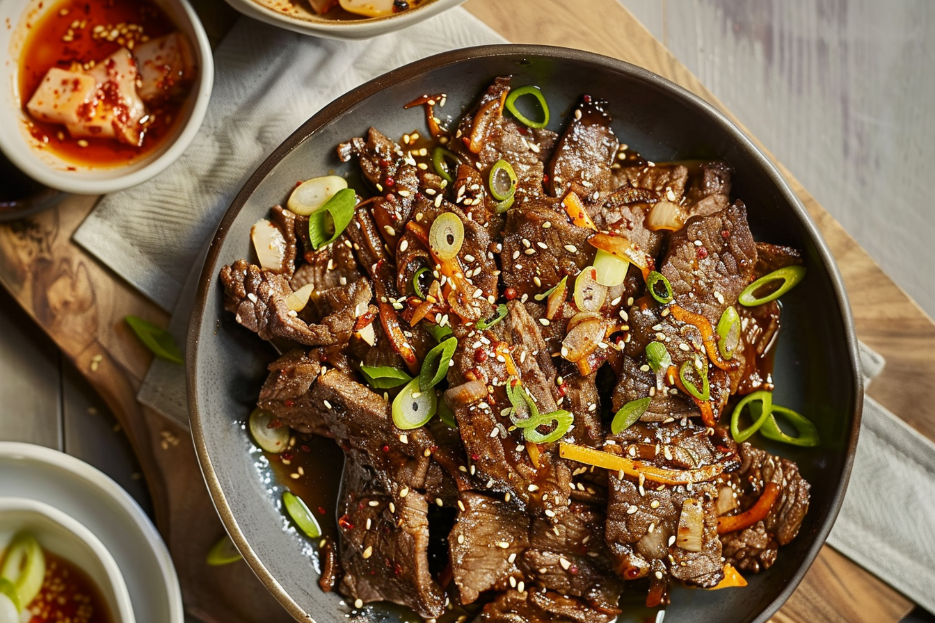 Juicy slices of Beef Bulgogi garnished with sesame seeds and green onions, served on a plate.