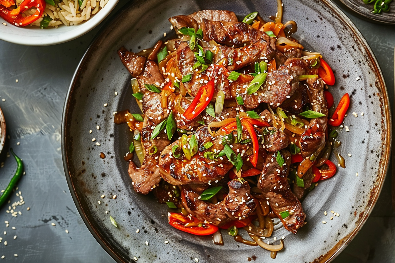 Close-up image of sizzling Beef Bulgogi with sesame seeds and green onions in a skillet.