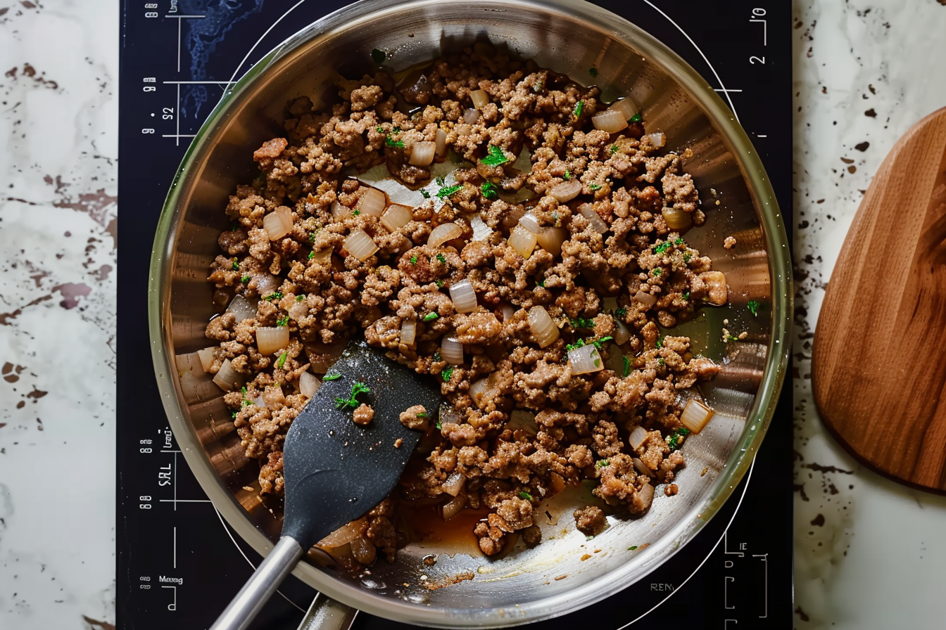 A golden brown homemade meat pie recipe with a flaky crust, filled with savory ground beef and pork, served on a wooden cutting board.