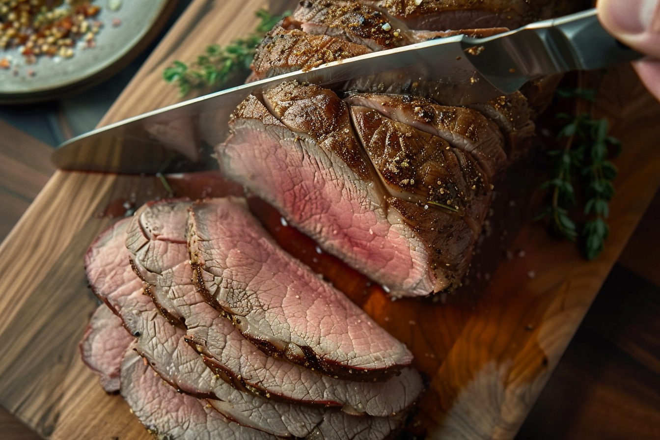 Sliced roast beef on a cutting board with herbs