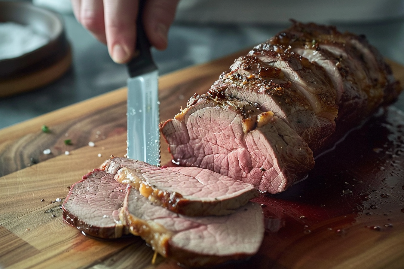 Sliced roast beef on a cutting board with herbs