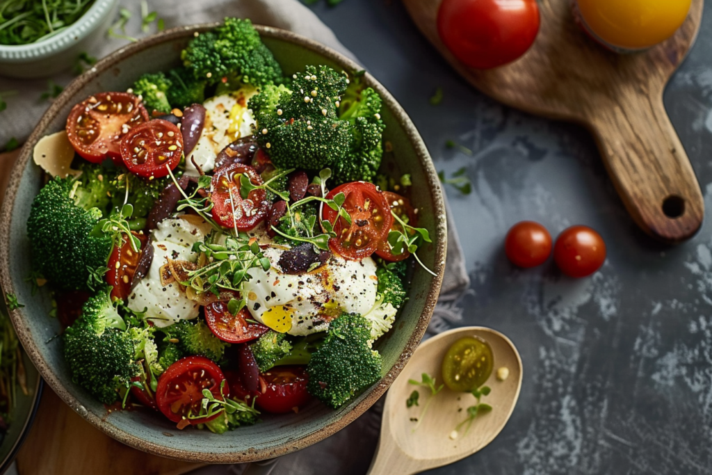 Colorful broccoli salad with cranberries, almonds, and a creamy dressing