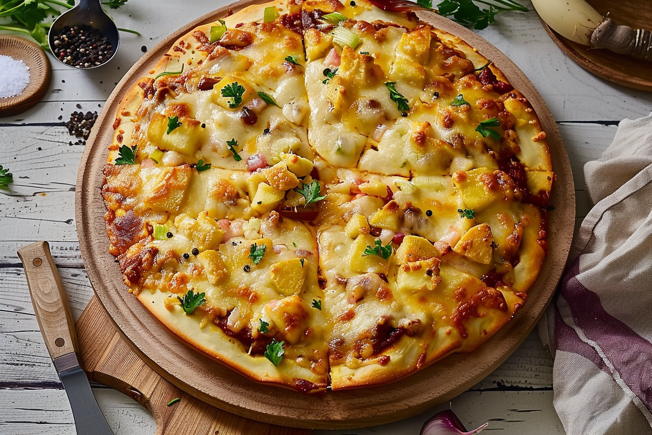 Delicious homemade BBQ Chicken Pizza topped with spicy barbecue sauce, tender chicken, red onions, pepperoncini peppers, cilantro, and melted Colby-Jack cheese.