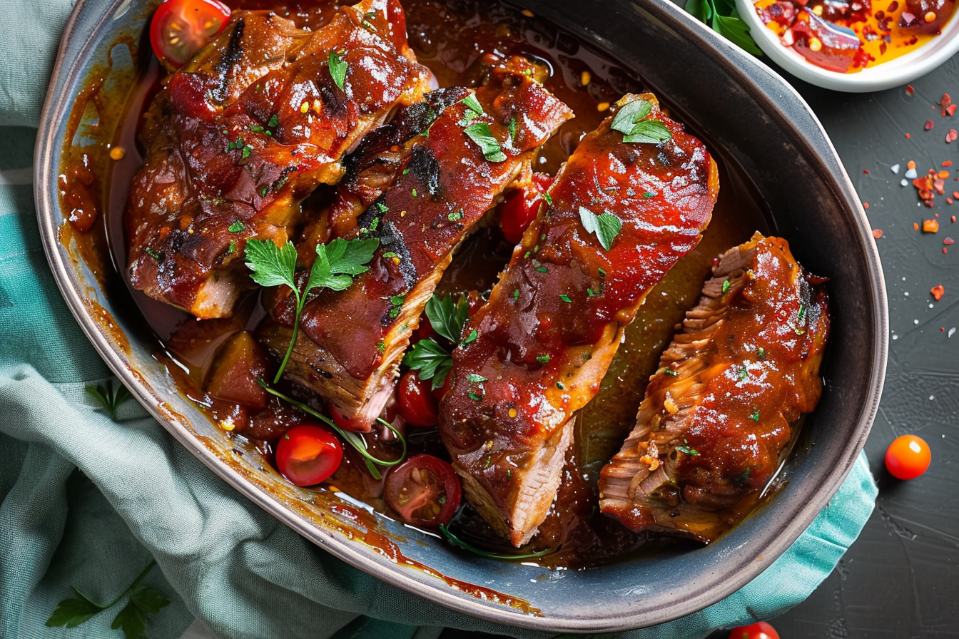 Juicy BBQ ribs with a rich glaze, served with a side of coleslaw.