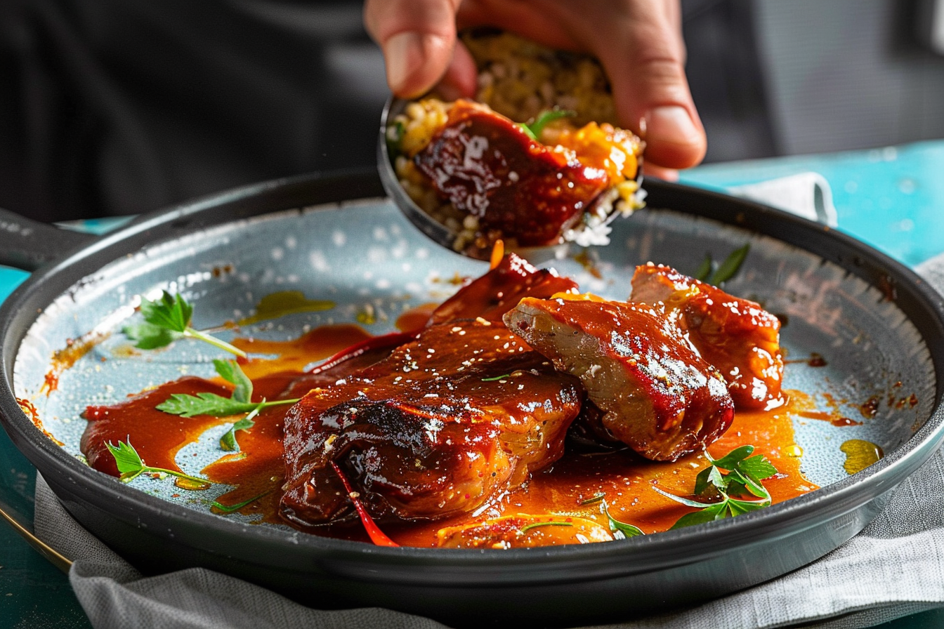 Juicy BBQ ribs with a rich glaze, served with a side of coleslaw.