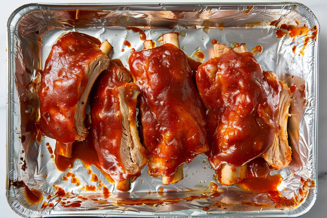 Juicy BBQ ribs with a rich glaze, served with a side of coleslaw.