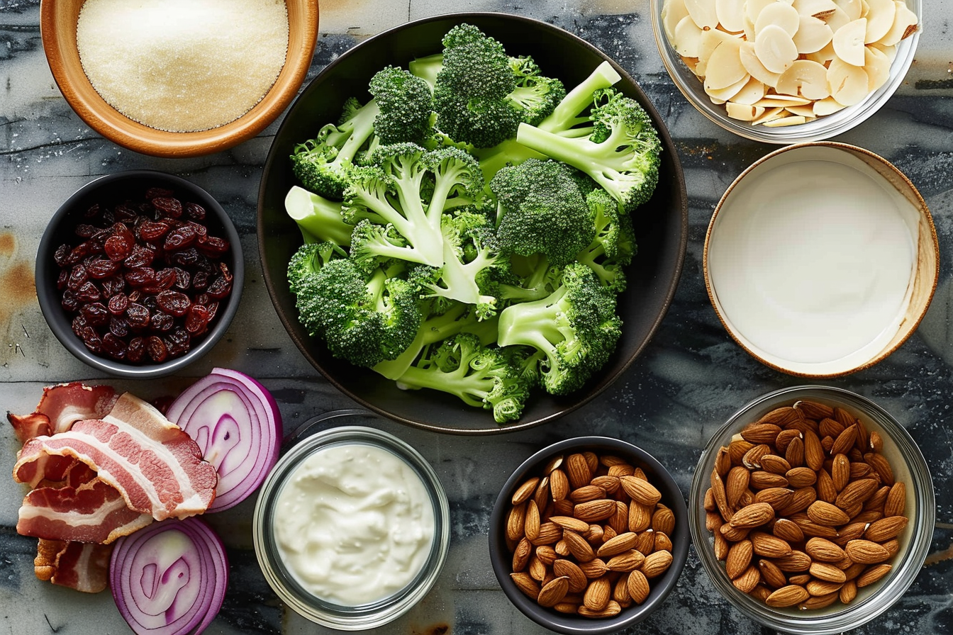 Fresh broccoli salad with cranberries, almonds, and a creamy dressing