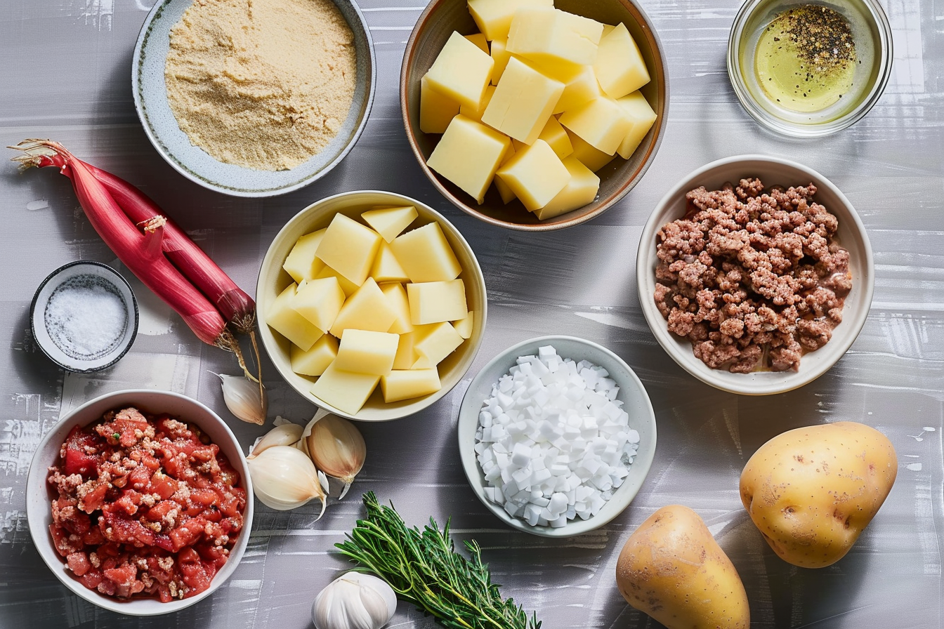 A golden brown homemade meat pie recipe with a flaky crust, filled with savory ground beef and pork, served on a wooden cutting board.