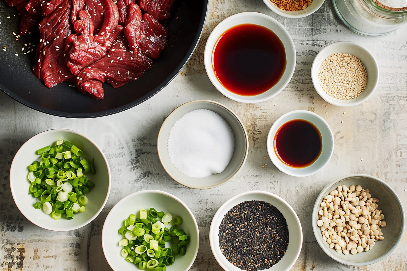 Close-up image of sizzling Beef Bulgogi with sesame seeds and green onions in a skillet.