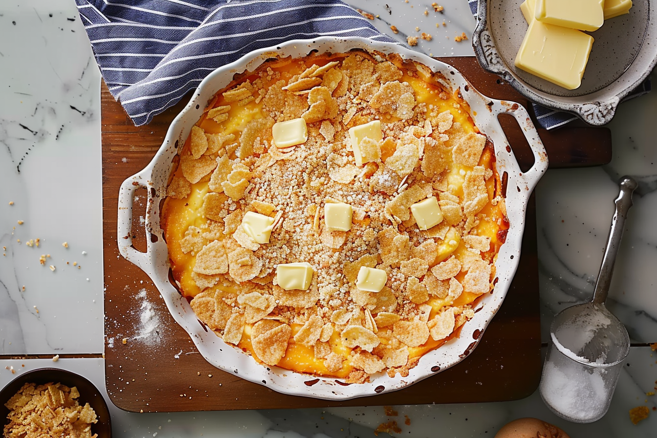 A baked squash casserole topped with melted cheese and crispy breadcrumbs, served in a ceramic dish.