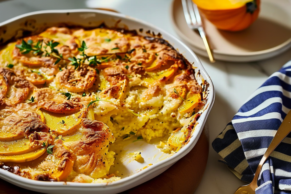 A baked squash casserole topped with melted cheese and crispy breadcrumbs, served in a ceramic dish.