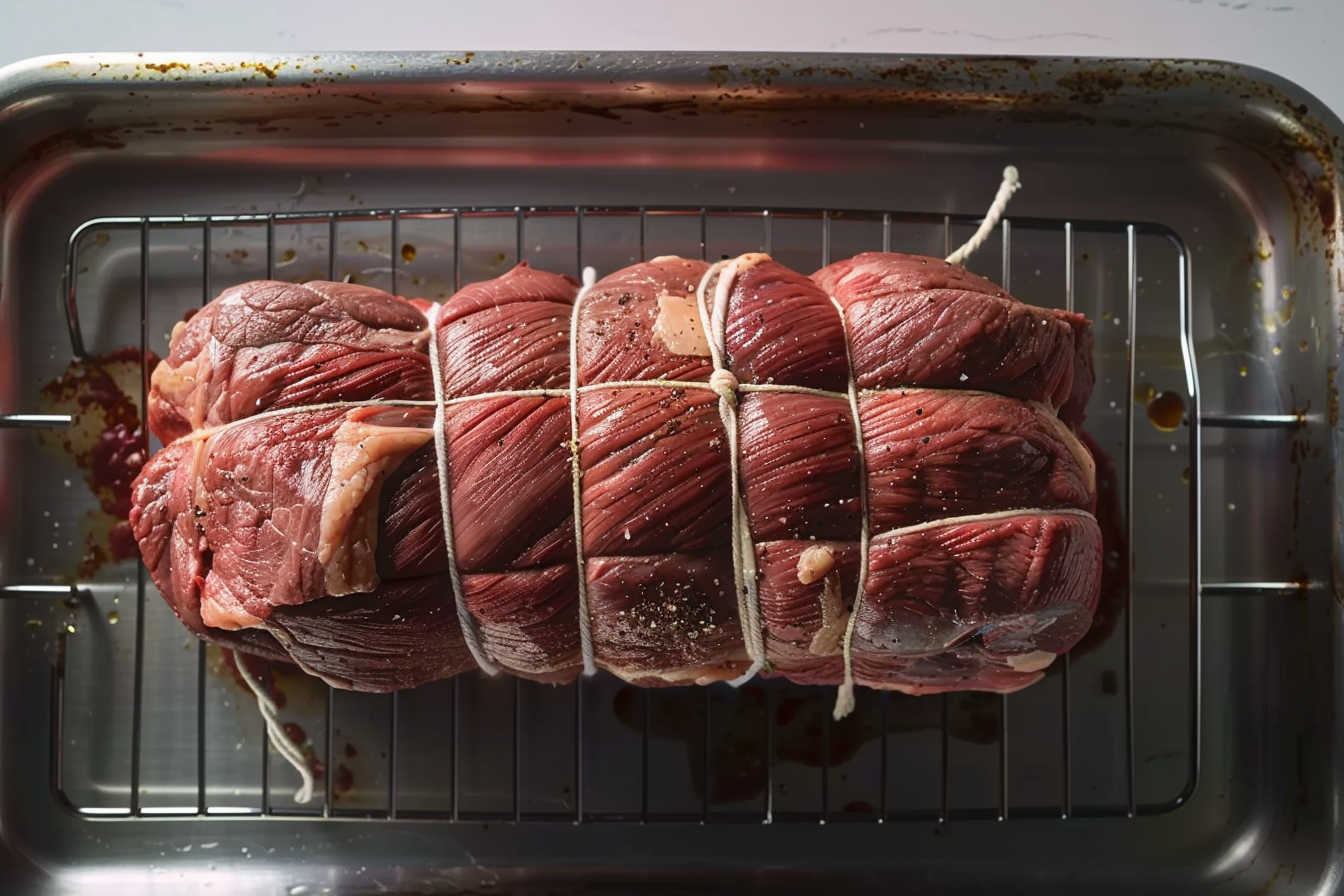 Sliced roast beef on a cutting board with herbs