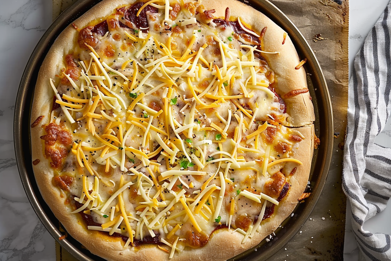 Delicious homemade BBQ Chicken Pizza topped with spicy barbecue sauce, tender chicken, red onions, pepperoncini peppers, cilantro, and melted Colby-Jack cheese.