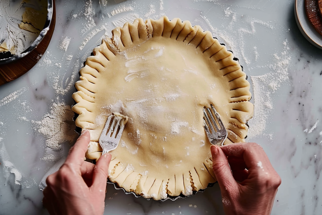 A golden brown homemade meat pie with a flaky crust, filled with savory ground beef and pork, served on a wooden cutting board.