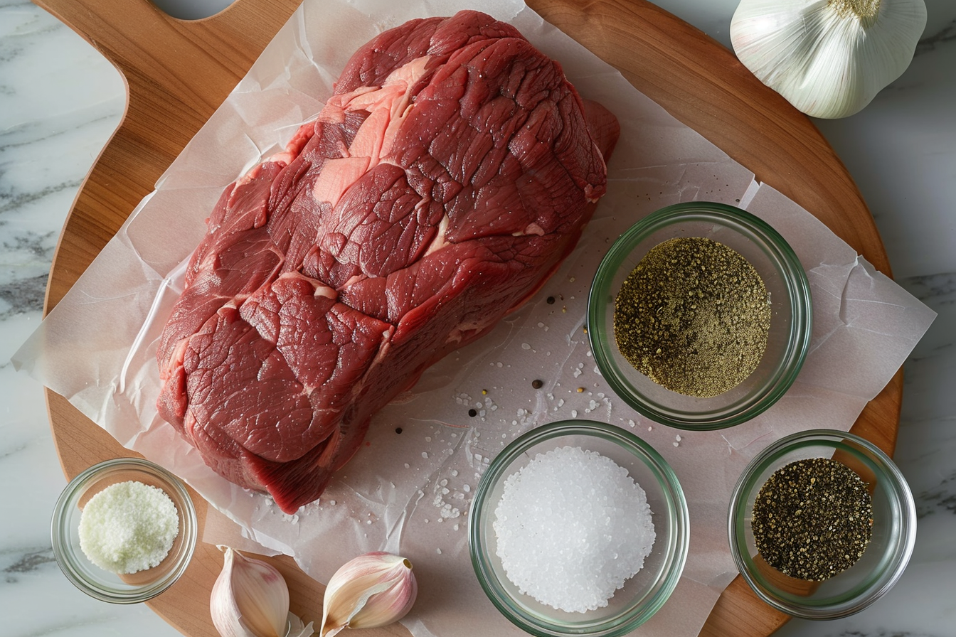 Sliced roast beef on a cutting board with herbs