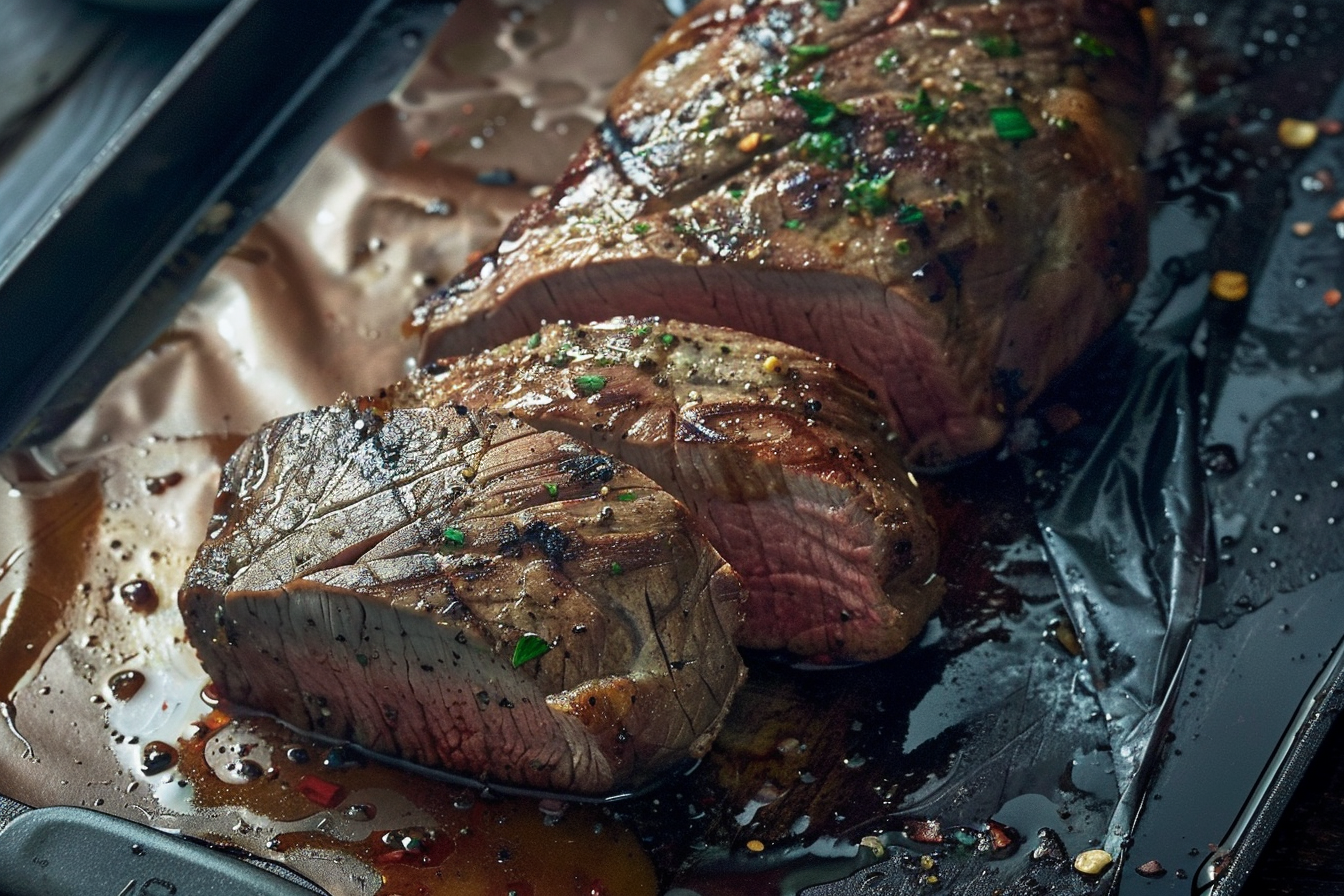 Sliced roast beef on a cutting board with herbs