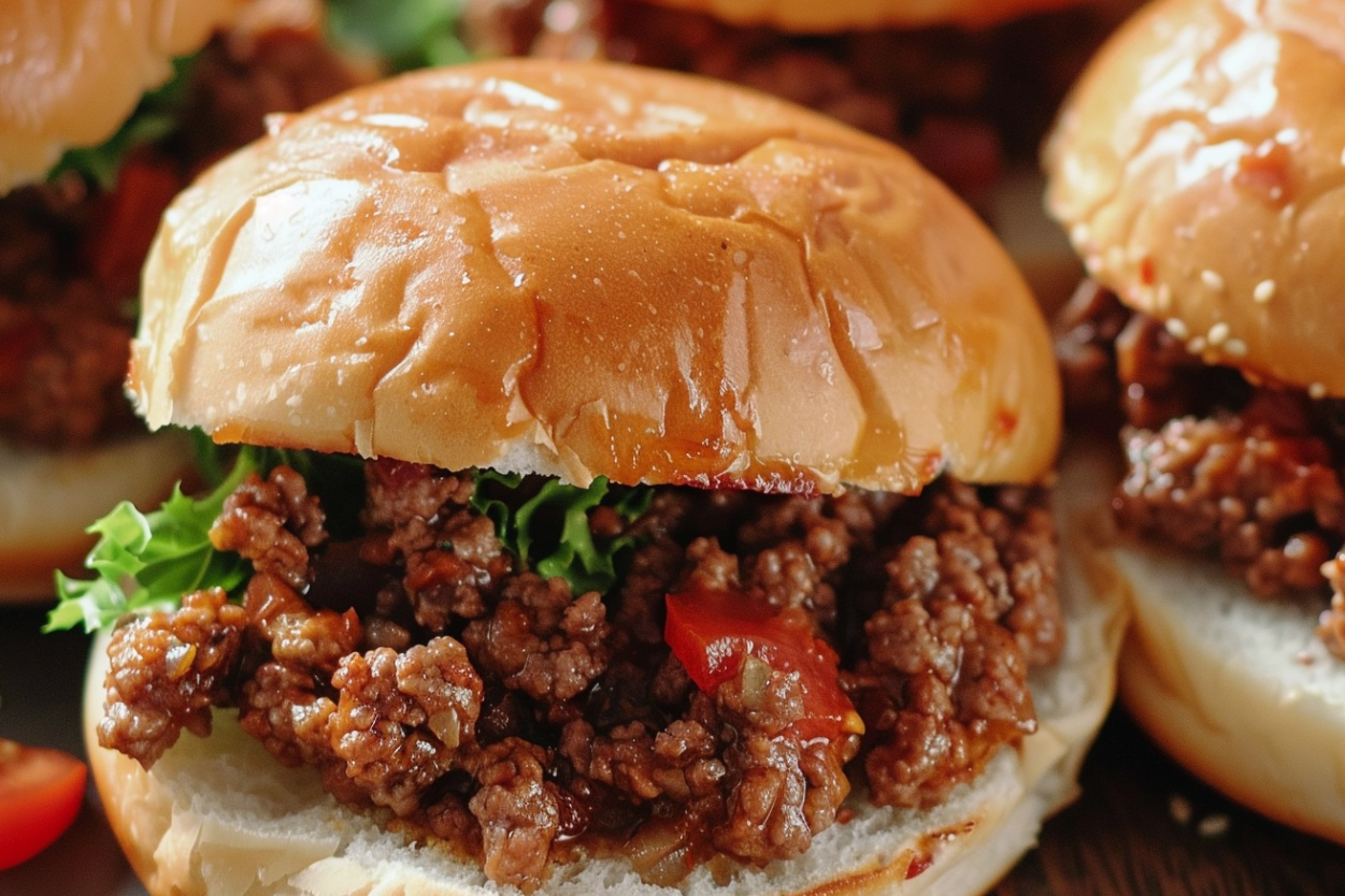 A classic Sloppy Joe sandwich filled with seasoned ground beef, served on a toasted hamburger bun.