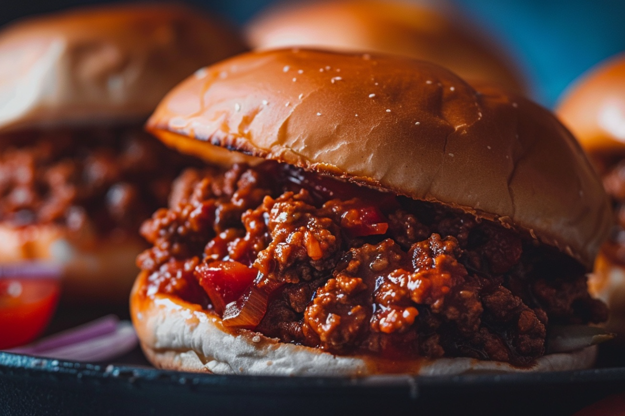 A classic Sloppy Joe sandwich filled with seasoned ground beef, served on a toasted hamburger bun.

