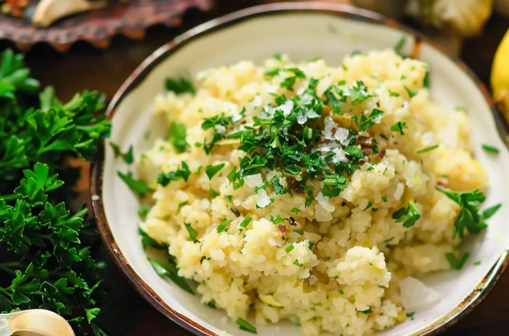 A colorful quinoa side dish with vegetables and herbs in a white bowl