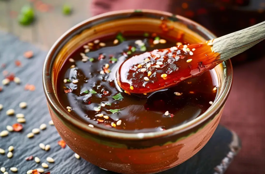 A bowl of Korean BBQ sauce with a brush and sesame seeds on the side