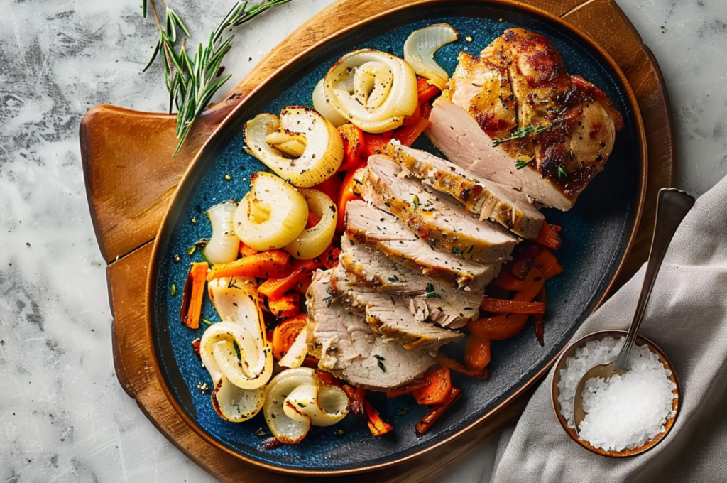 "Slow-cooked tangy pork roast with a caramelized crust served with a side of vegetables"