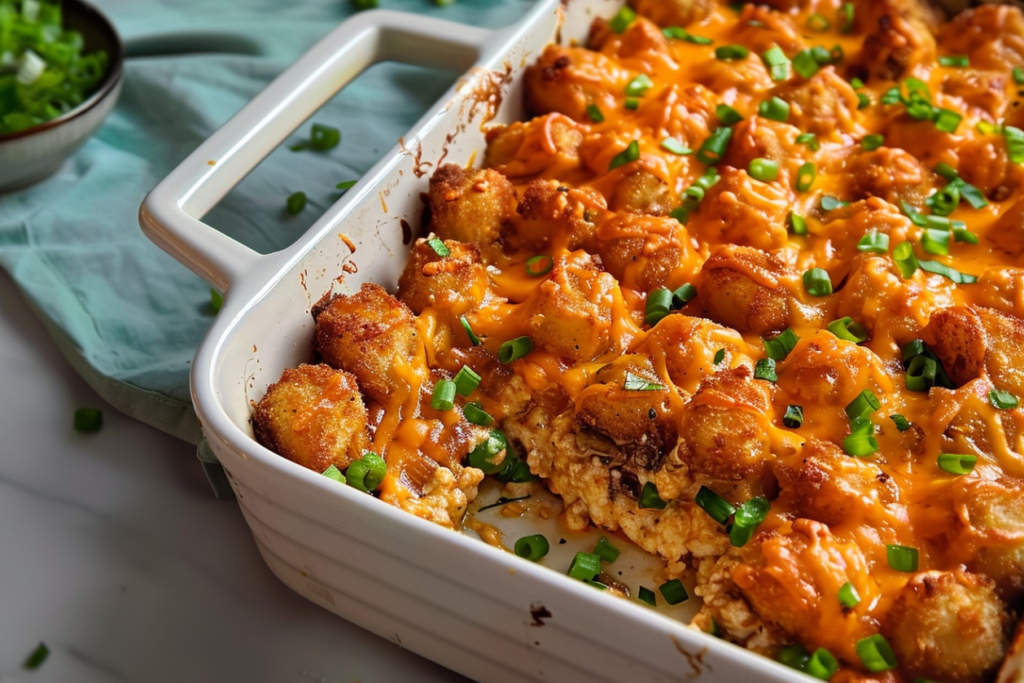 Delicious tater tot casserole topped with golden, crispy tater tots and melted cheddar cheese