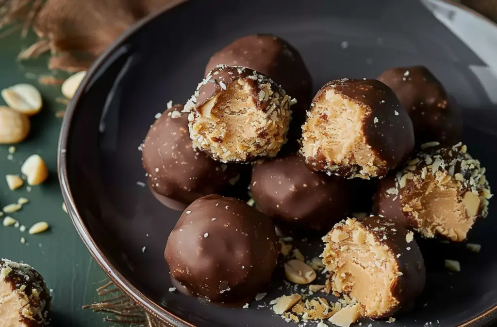 Delicious homemade peanut butter balls covered in chocolate.