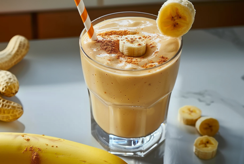 Peanut Butter Banana Smoothie in a glass with a banana and peanut butter on the side