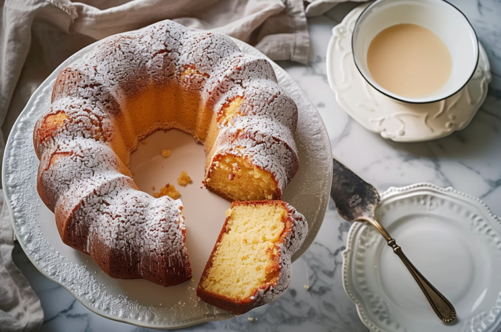 A moist Kentucky Butter Cake with a golden-brown crust, sliced to show its rich, buttery texture, topped with a light drizzle of vanilla butter sauce.