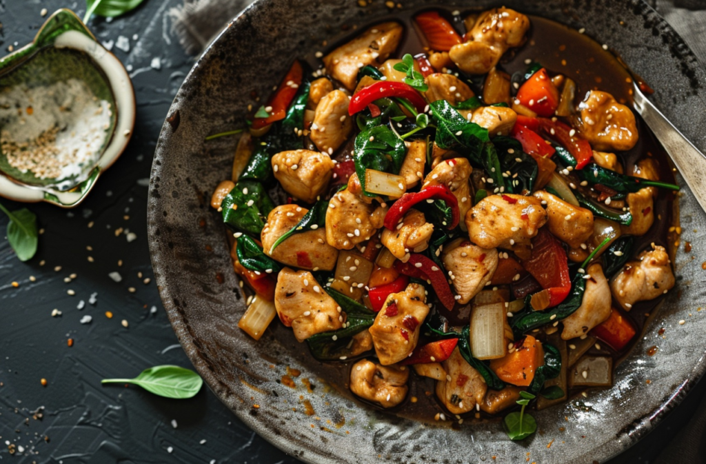 A colorful and appetizing chicken stir-fry with tender chicken slices, fresh vegetables, and a savory sauce served over white rice.