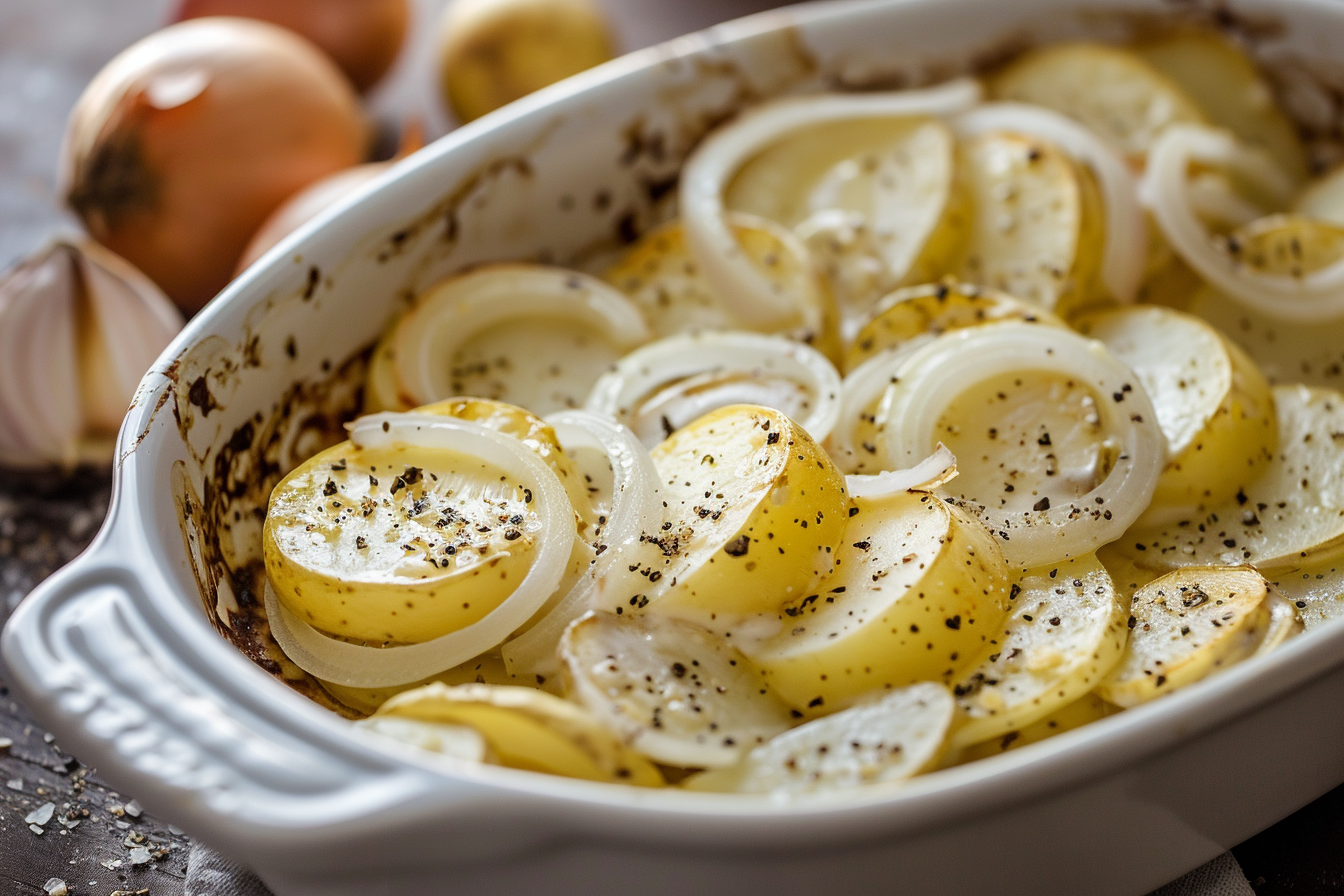 A close-up of a serving of creamy au gratin potatoes with a golden, cheesy crust.