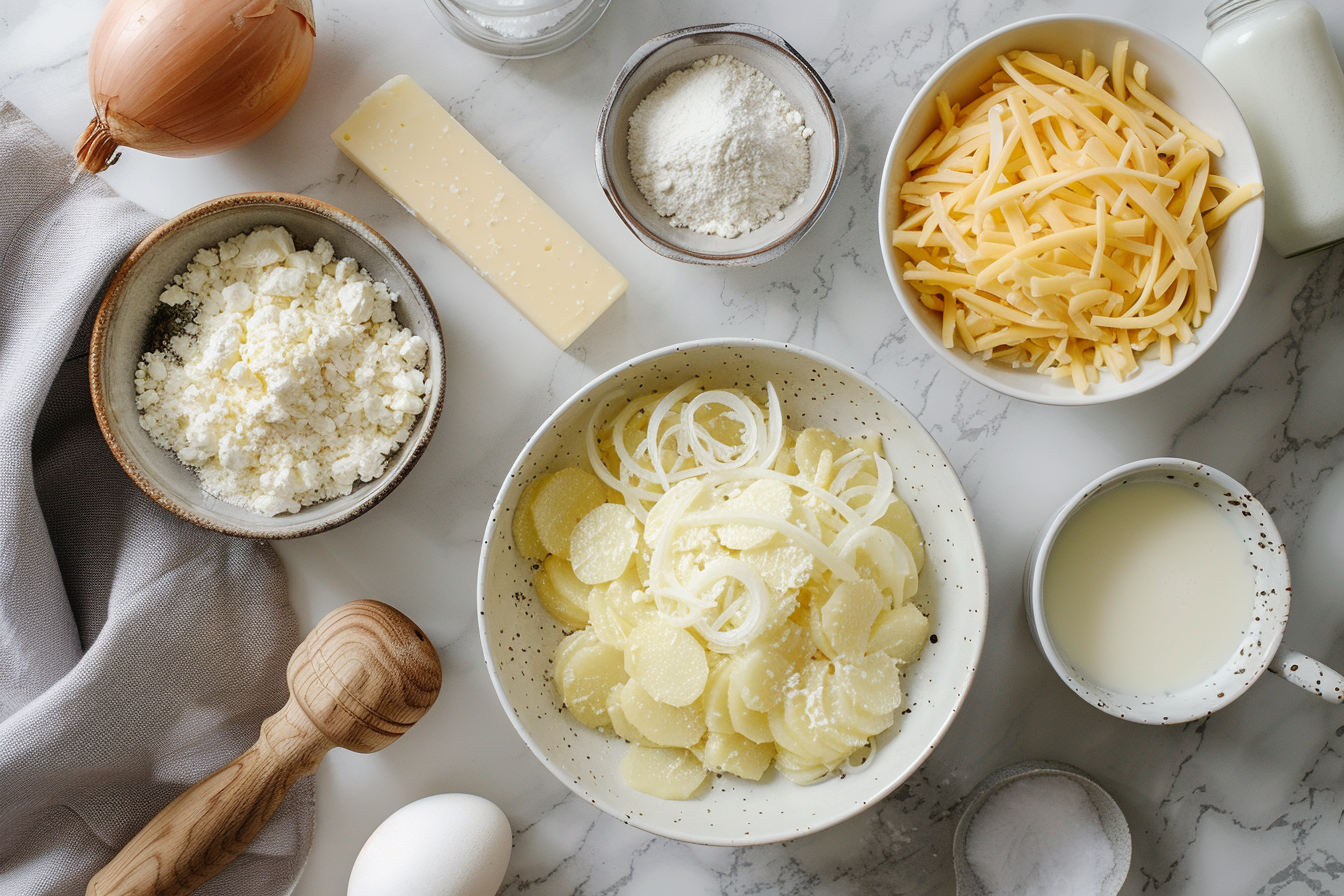 A close-up of a serving of creamy au gratin potatoes with a golden, cheesy crust.