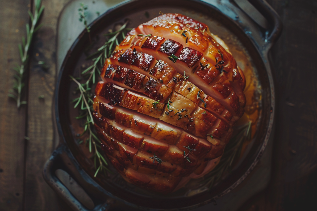  Tender slow cooker ham glazed with brown sugar.