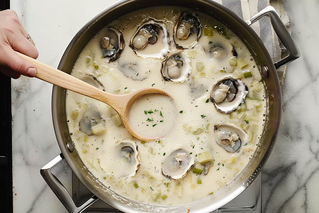 Bowl of creamy oyster stew garnished with fresh herbs and a spoon on the side.