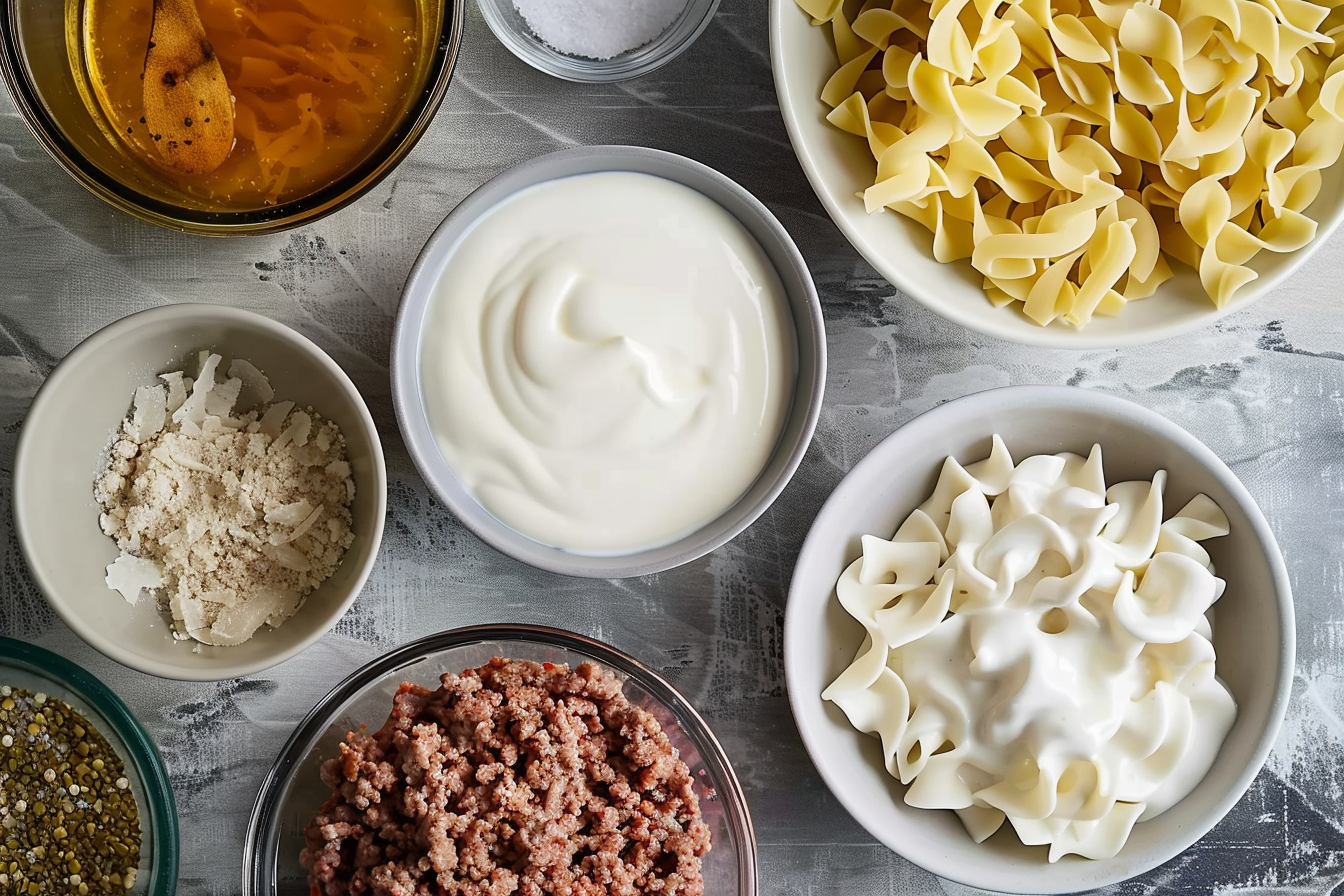 A delicious plate of Beef Stroganoff served over egg noodles with a creamy mushroom sauce.