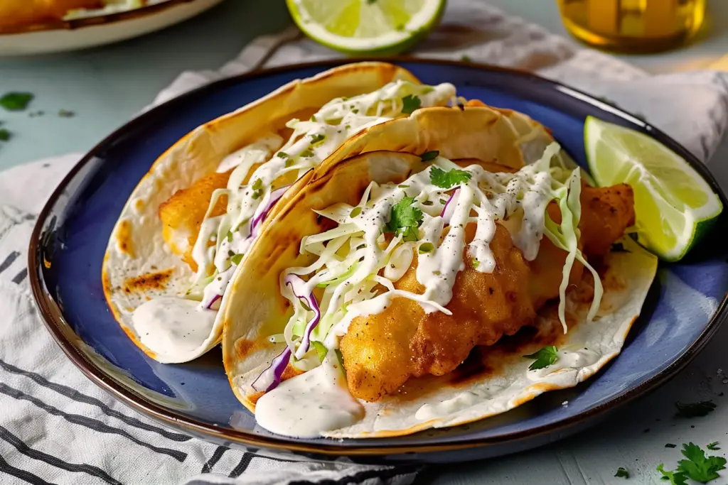 Freshly made fish tacos with crispy fish, shredded cabbage, and white sauce in a corn tortilla