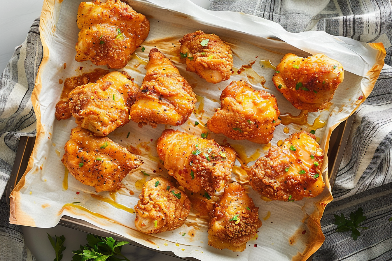 Crispy oven-fried chicken thighs on a baking sheet garnished with herbs