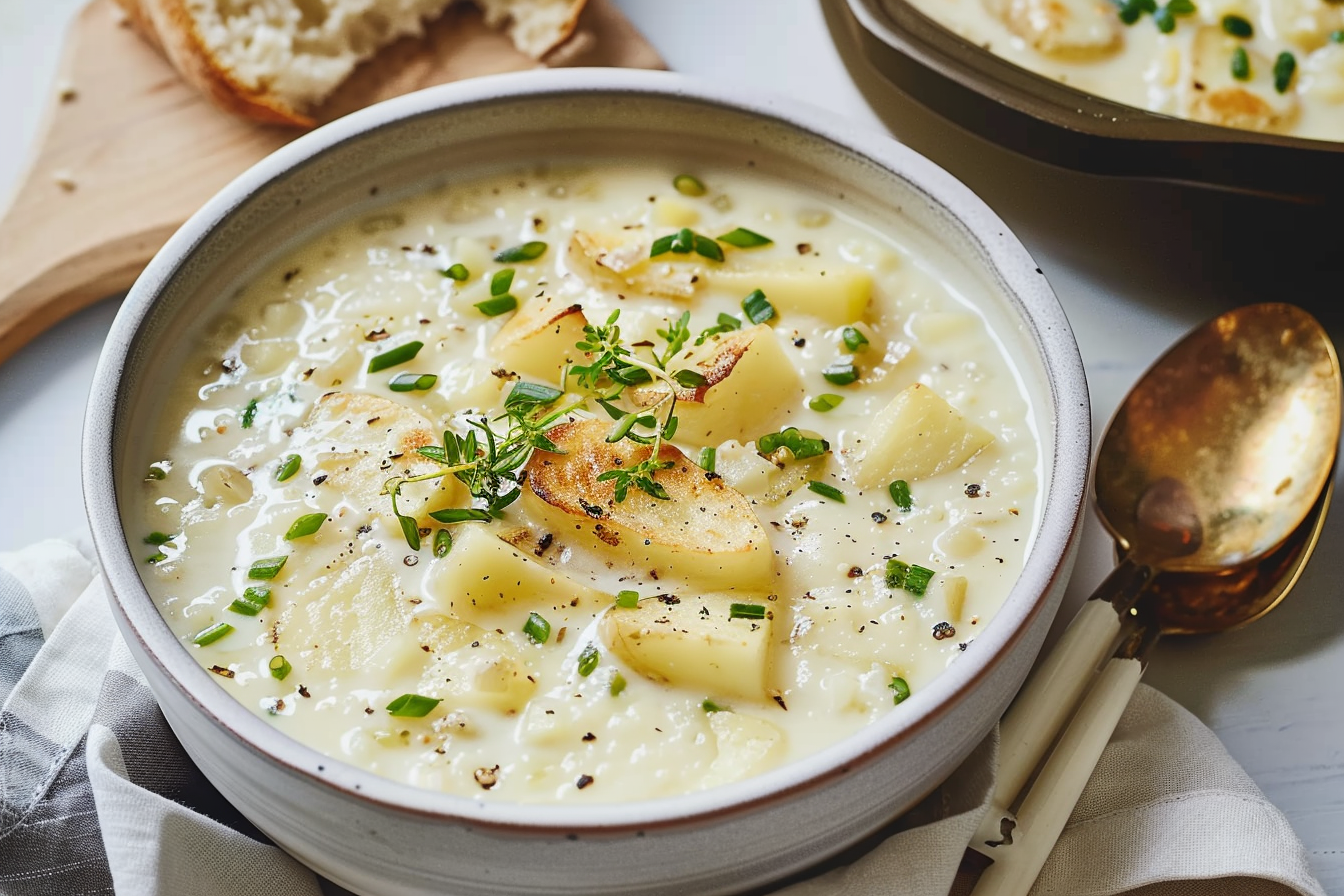 Creamy potato and leek soup served in a white bowl, garnished with fresh chives and a drizzle of olive oil.