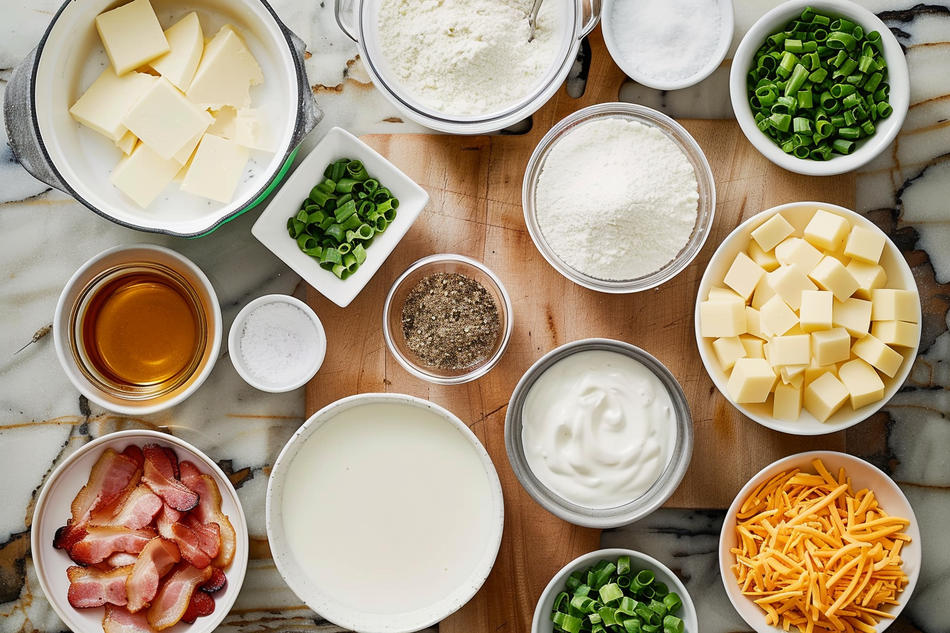 Bowl of creamy baked potato soup with bacon, cheese, and green onions